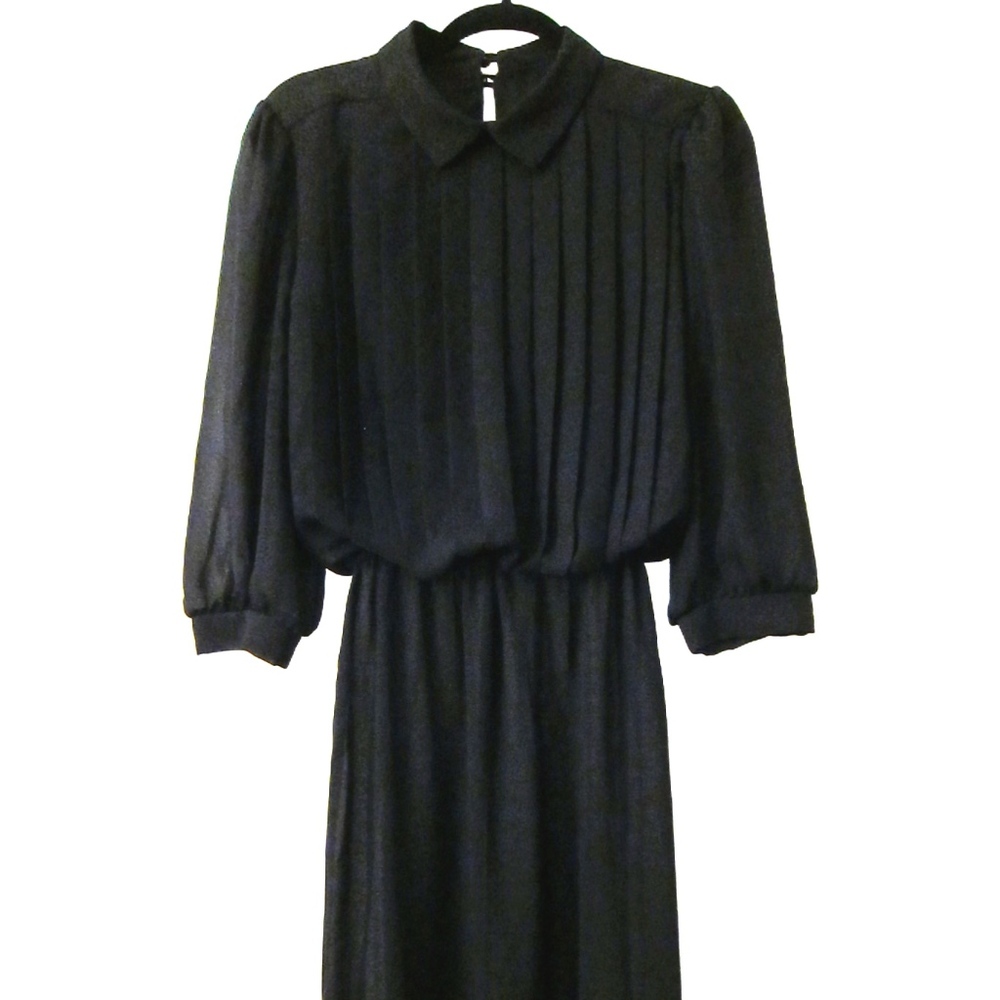 Vtg Alexis Double Collar Pleated Sheer Blk Dress